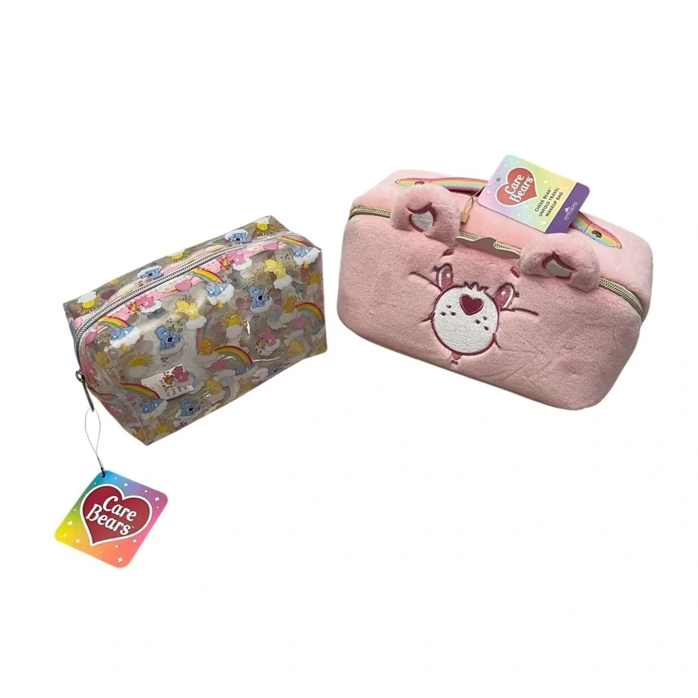 Care Bears Pink Plush And Clear Travel Makeup Cosmetic Zip Pouches New